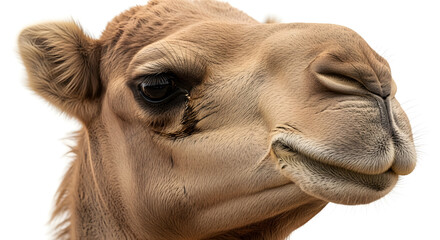 Obraz premium A detailed close-up portrait of a dromedary camel's head with a calm and gentle expression, isolated on a clean white background