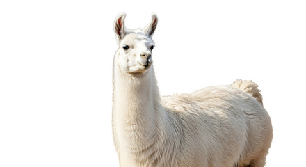 Fototapeta premium A close-up studio portrait of an adorable white llama with fluffy wool, isolated on a clean white background