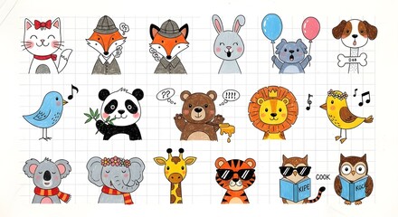 Obraz premium Cute cartoon animal stickers on grid background