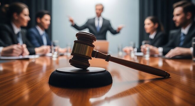 Business law and corporate governance meeting with gavel