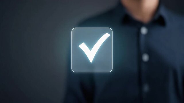 A person in a dark shirt interacts with a digital checkmark symbol on a transparent background