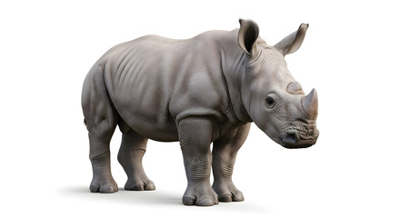 Obraz premium A charming young white rhinoceros calf stands in a full-body portrait, isolated on a pristine white background