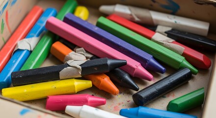 Fototapeta premium A kaleidoscope of weathered wax crayons lies in a wooden crate, serving as a powerful metaphor for the messy, vibrant, and multifaceted nature of human creativity and diverse perspectives