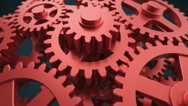 Interconnected red cogs and gears rotating in a complex system.