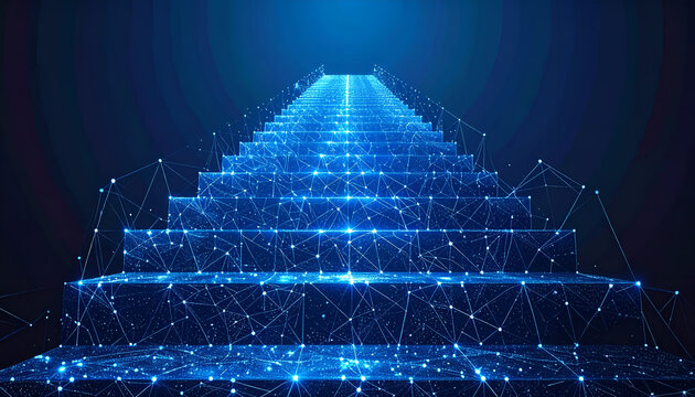 Conceptual digital stairs built from network connections, symbolizing innovation, strategy, growth, and the future of technology.