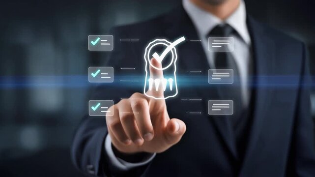 Businessman interacting with digital interface showcasing security features and verification processes in a modern office setting