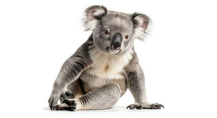 Fototapeta premium Charming Australian koala, a unique marsupial from Down Under, sitting peacefully and looking forward, isolated on a clean white background