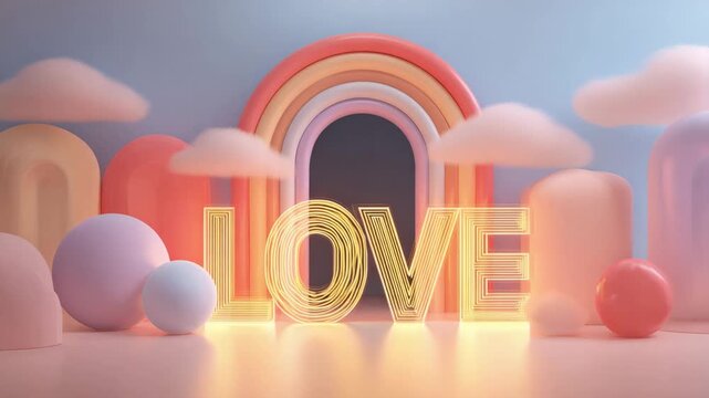 Valentines Day artistic pastel scene with rounded shapes romantic tones and vibrant love typography glowing softly behind layout