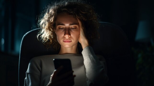 Woman checks phone in dark room while showing signs of stress and concern