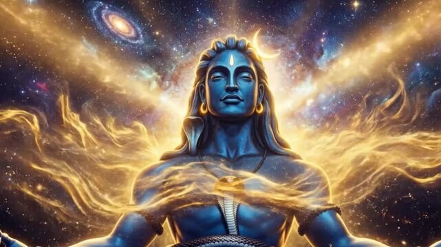 Mahadev meditating in cosmic void with radiant aura shivling and trishul energy under starfield during maha shivratri spiritual devotion cinematic scene