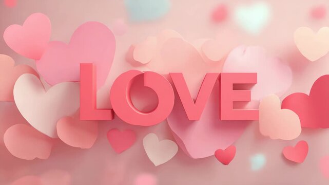 Valentines Day minimal background concept with heart inspired shapes blush tones and vibrant love text layered gently in background bright diffused lighting