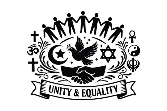 Black and white vector illustration of diverse people, handshake, peace dove, and interfaith symbols representing unity, equality, tolerance, and harmony. Isolated on white background.