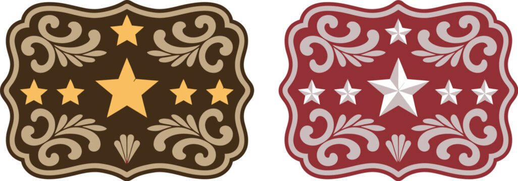 Sheriff star rodeo western badge vector, cowboy belt buckle emblem with Texas five-point star, wild west decorative frame, and vintage rodeo event typography for ranch branding, posters, apparel, and 