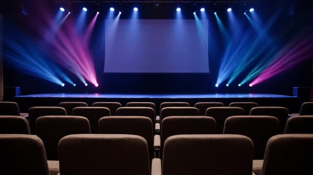 Empty theater stage with spotlights and audience seating, ready for show