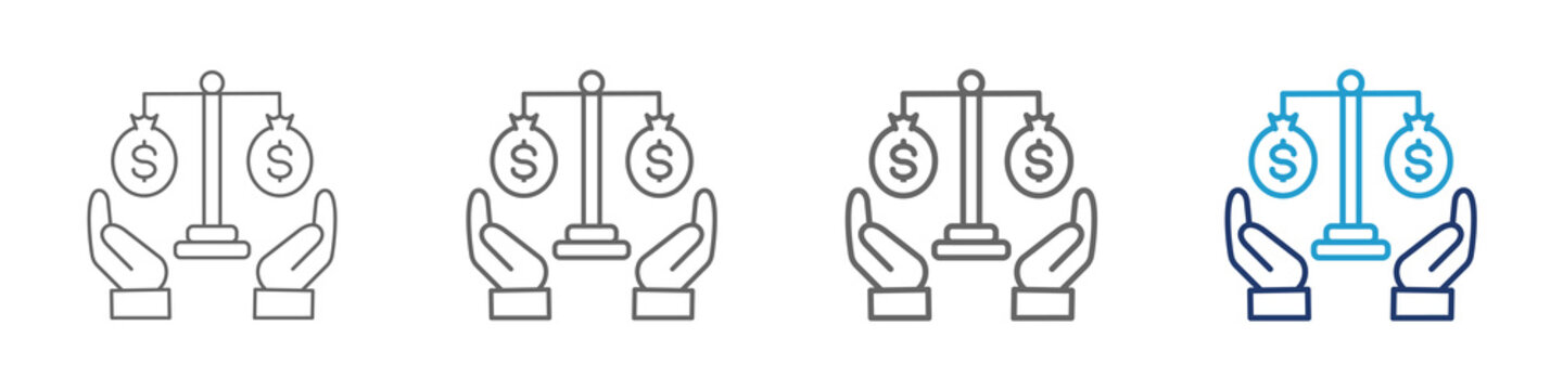 Equity icon with thick lines and blue color for illustration design with two hands hold the court of dollar's bag. Two or more people have the rights in the ownership or something in a business.