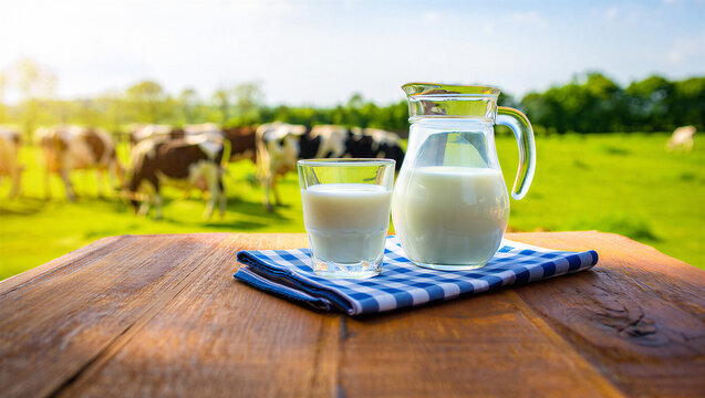 Fresh milk in a pitcher and glass on a wooden table with cows grazing in the background.