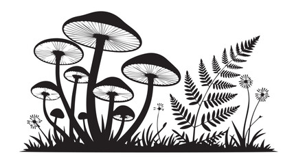 A monochrome illustration of forest floor fungi with ferns and wildflowers