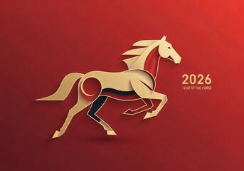 Elegant Paper Cut Horse Year 2026 with Golden Gradient Color, year of the horse