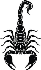 Stylized black scorpion with curled tail and claws