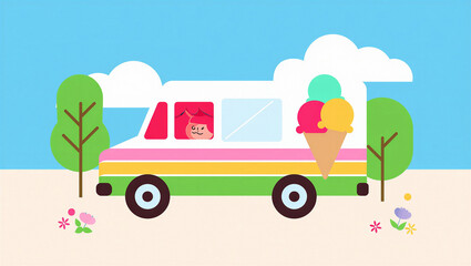 Cute cartoon ice cream truck with colorful scoops in a whimsical landscape.