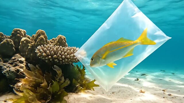 Yellow fish trapped inside plastic bag floating underwater, environmental concern concept, ocean pollution crisis, ecological disaster, realism style.