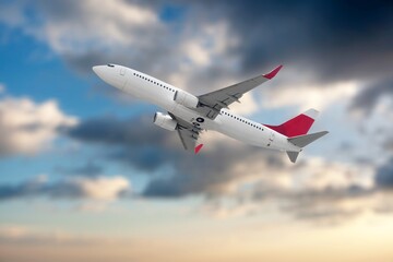 Fototapeta premium Airplane in flight in sky, for travel background