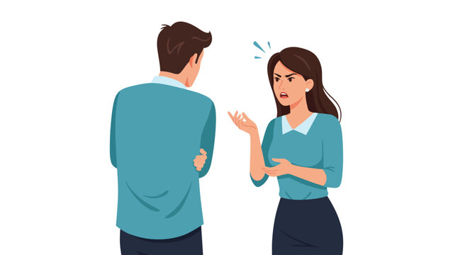 Woman arguing with a man in a blue shirt and dark pants