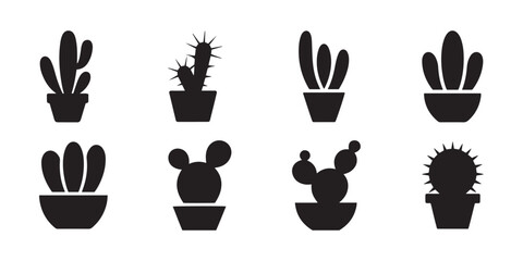 Fototapeta premium Cactus Plants Silhouette in Pots Icon Collection, Minimalist Desert Flora Vector Graphics, Various Succulent Shapes.