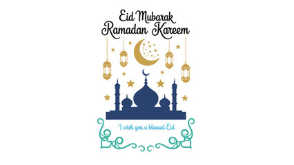 Eid Mubarak Ramadan Kareem vector illustration with mosque silhouette and lanterns