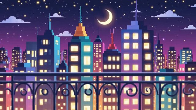 City skyline at night with moon  stars.