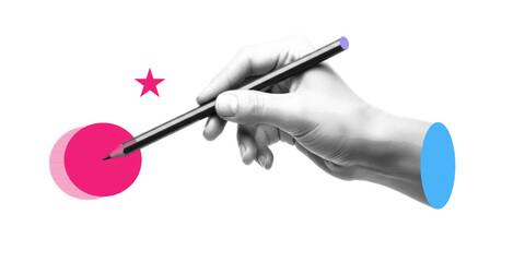 Modern retro vector of halftone hand holding pencil with grunge cutout sticker effect, bold color shapes, vintage dot texture, mixed media collage style, isolated on light background design element.