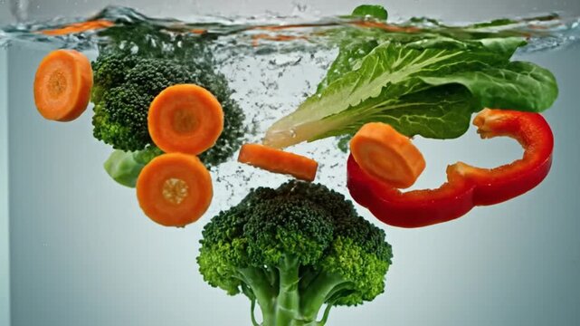 A vibrant green broccoli head with florets at the top and a thick stem at the bottom, partially submerged in clear water with a subtle gradient background transitioning from light blue to white