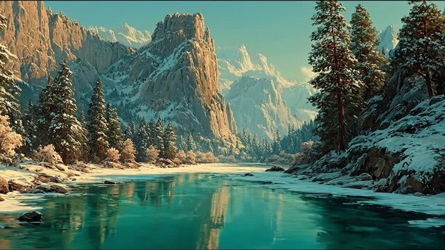 Serene winter landscape snow capped mountains and icy river scene