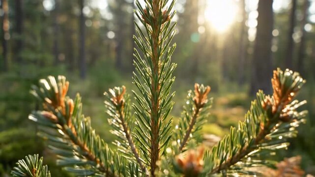 Green pine sapling in sunlit forest with dewdrops