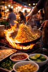 Fototapeta premium Stir-fried Noodles with Flames at a Vibrant Night Market, Showcasing Culinary Artistry and Delicious Street Food Culture in Asia
