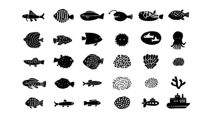 A collection of sea creature silhouettes including fish and marine organisms for ocean and aquatic themes.