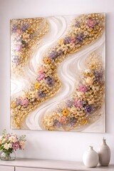 Obraz premium Abstract floral artwork displaying intricate textures, soft color palette, and elegant design featuring roses, peonies, and summer blossoms in a modern interior setting