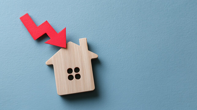 Wooden house model under red lightning arrow pointing down illustrating real estate market crash crisis and financial risk of property value price drop and economy recession.