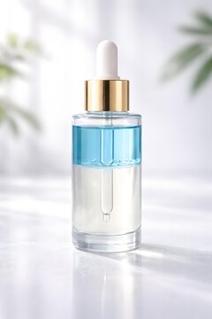 Elegant Cosmetic Dropper Bottle with Blue Liquid on Bright Background, Skincare and Beauty Concept, Natural Light with Greenery Accents