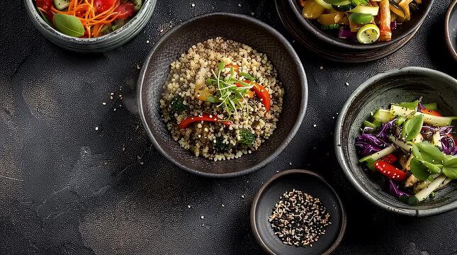 Delicious and Healthy Asian-Inspired Grain Bowls with Fresh Vegetables and Seeds.