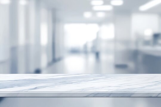 Marble countertop providing copy space with a light blurred background, suitable for product display or medical and healthcare concepts