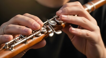Close-up of hands playing a beautiful wooden flute, a classical musical instrument