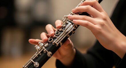 Close-up of musician's hands playing a clarinet during a performance or practice session