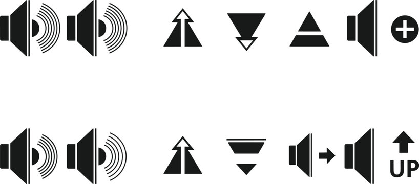 Audio volume control icons set, speaker sound level symbols, music player interface elements, upward arrows, multimedia button silhouettes, noise adjustment,