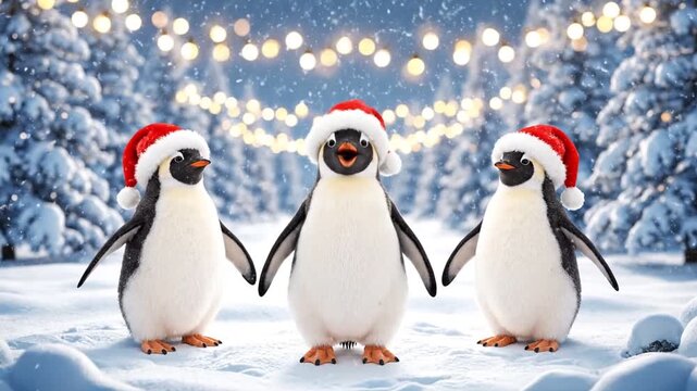 Cute Penguins Wearing Santa Hats, Christmas Holiday Scene