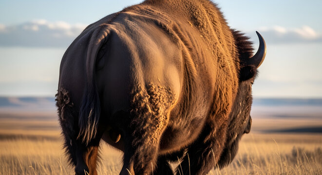 Rear view of a large bovid animal in a field