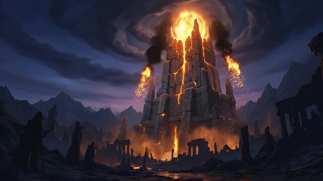 Dark fantasy tower fortress burning with fire and smoke in mountains