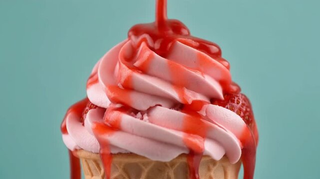 Delicious Strawberry Ice Cream Cone Topped with Red Syrup. 4k Food Footage Video