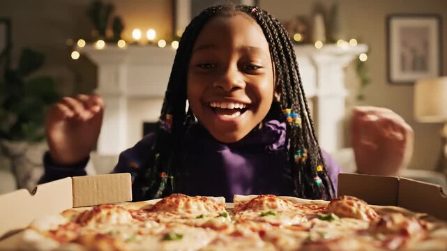 Excited young girl eagerly reaching for a delicious pizza in a cardboard box