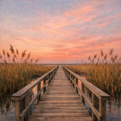 Wooden boardwalk stretching through golden marsh at sunset
